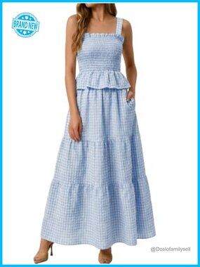 Women Gingham 2 Piece Skirt Set Smocked Crop Top & Maxi Skirt with Pockets